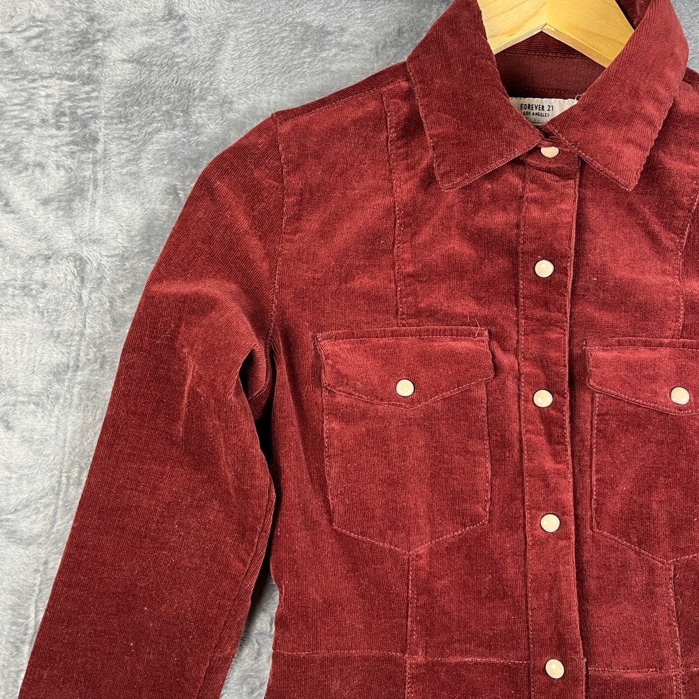 Forever 21 Shirt Dress Womens Small Burgundy Corduroy Long Sleeve Snap Front - Picture 7 of 16